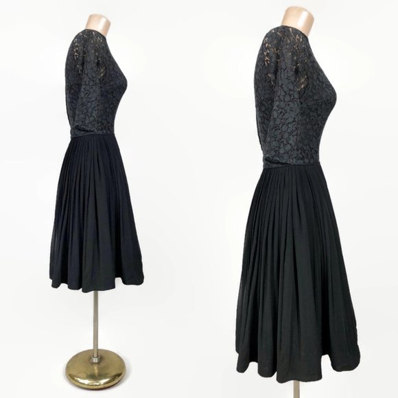 VINTAGE 50s 60s Black Sheer Lace and Chiffon Taffeta Party Dress VFG - Picture 5 of 9